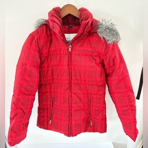 Columbia Women’s XS Red Plaid Down-Filled Puffer Jacket with Detachable Hood